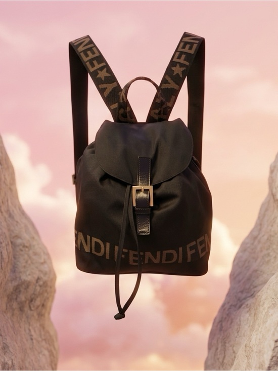 Fendi Handbags - Fendi Black Nylon and Leather Logo-Trim Backpack with Pouch